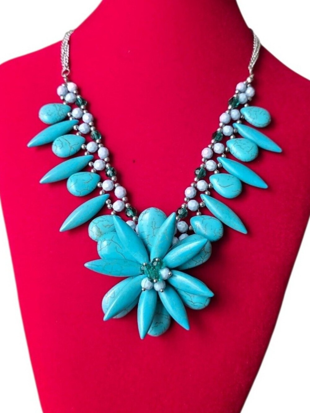 Bohemian Faux Turquoise Floral Bib Style Blue Necklace Chunky Statement Jewelry
